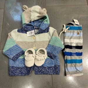 New Gap 3/6 Months Bundle, Knit Bear Cardigan Stripes Pants Leather Moccs Shoes